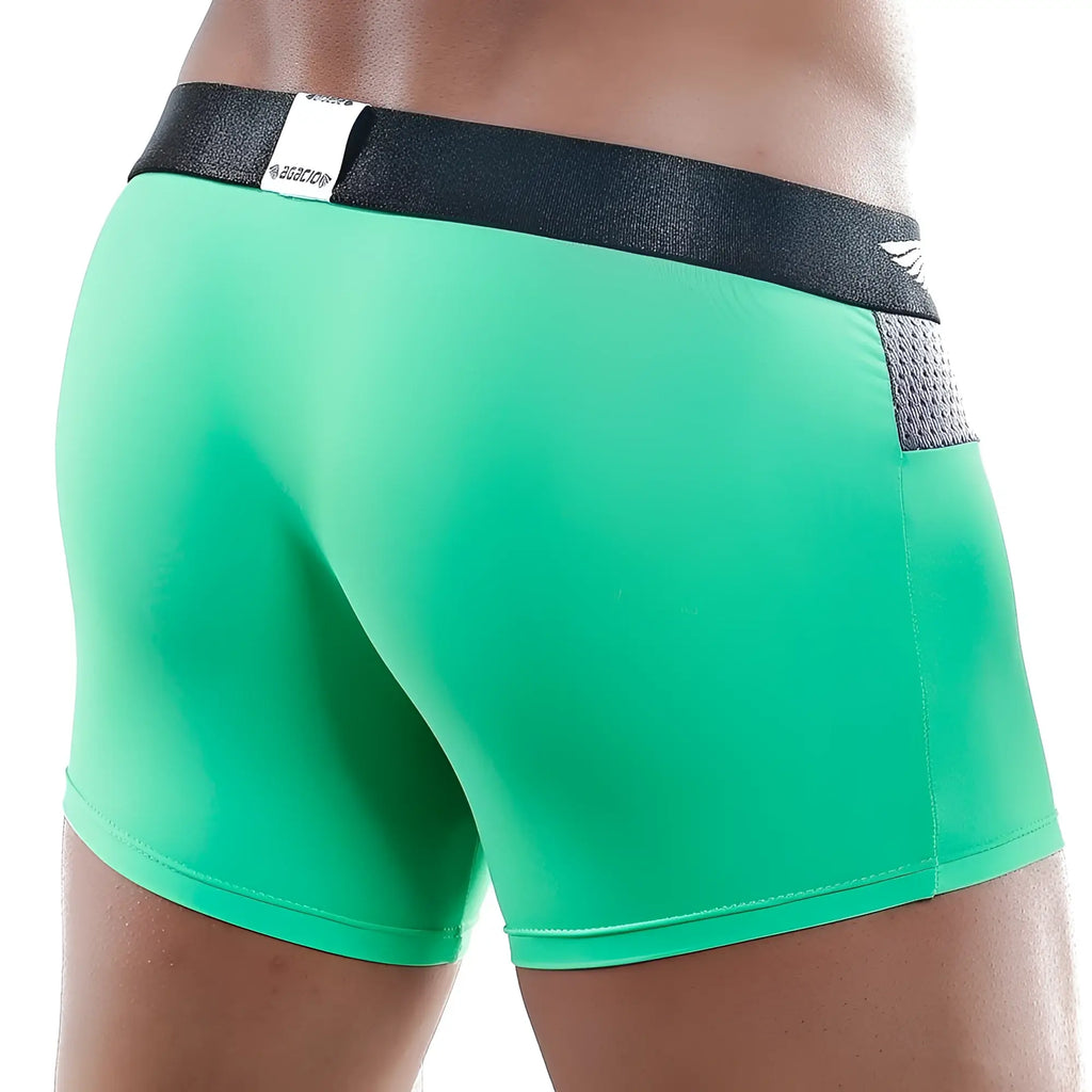 Agacio agg029 boxer trunk vibrant green athletic briefs with black waistband and gray mesh side panel