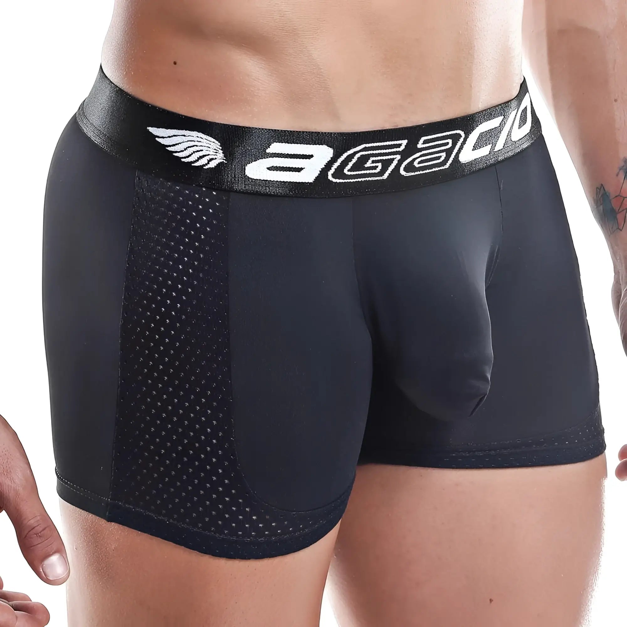 Black agacio AGG034 boxer trunk with perforated mesh side panel and white branded waistband for men