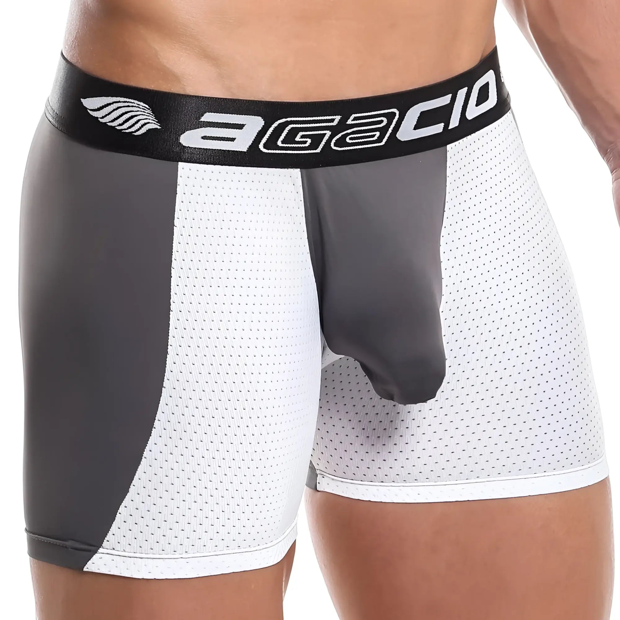 Agacio AGG039 boxer trunk men’s athletic briefs with white mesh dark gray panels and black logo waistband