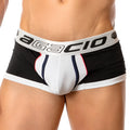 Agacio AGG041 spatial trunk men’s briefs in black white and navy blue with bold striped design