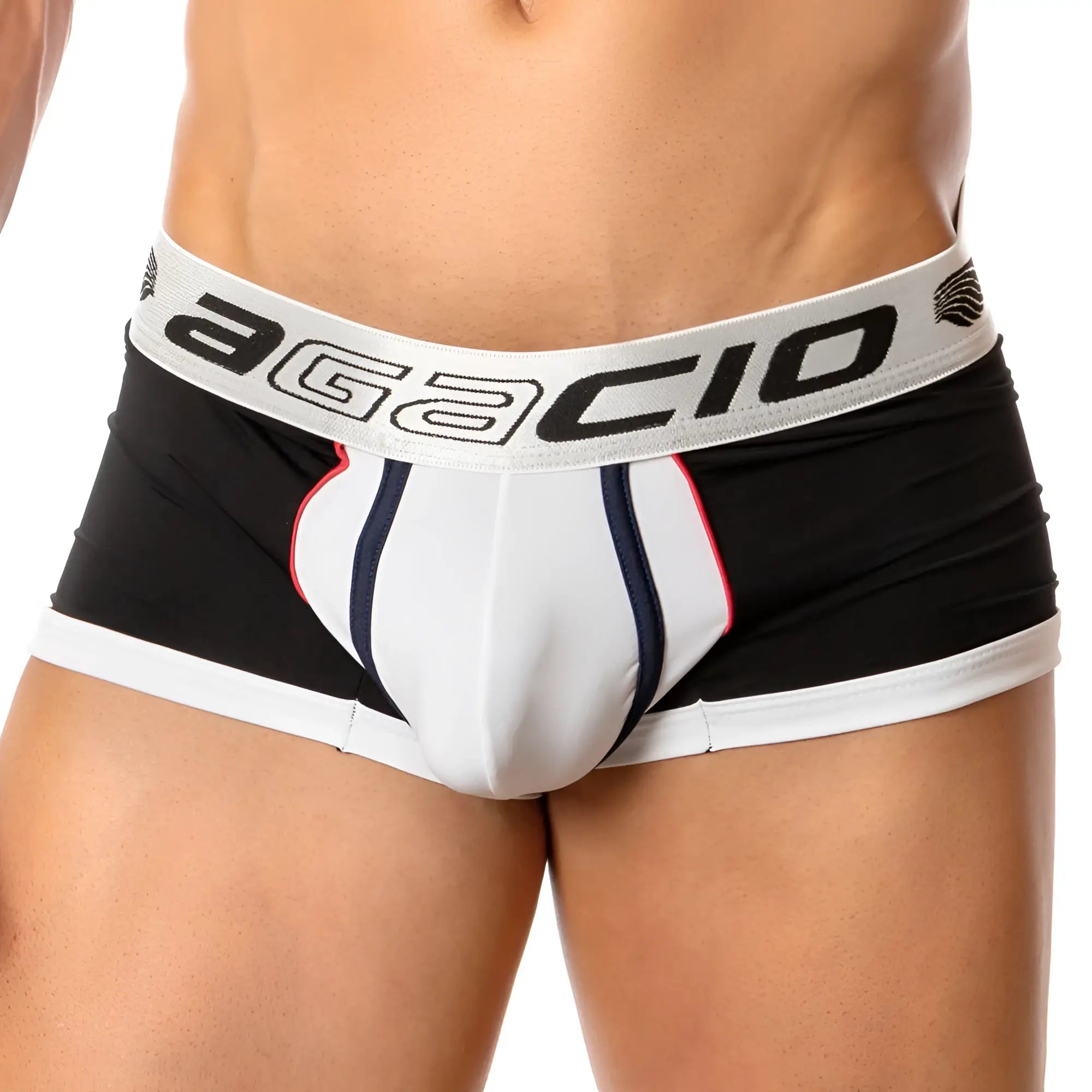 Agacio AGG041 spatial trunk men’s briefs in black white and navy blue with bold striped design
