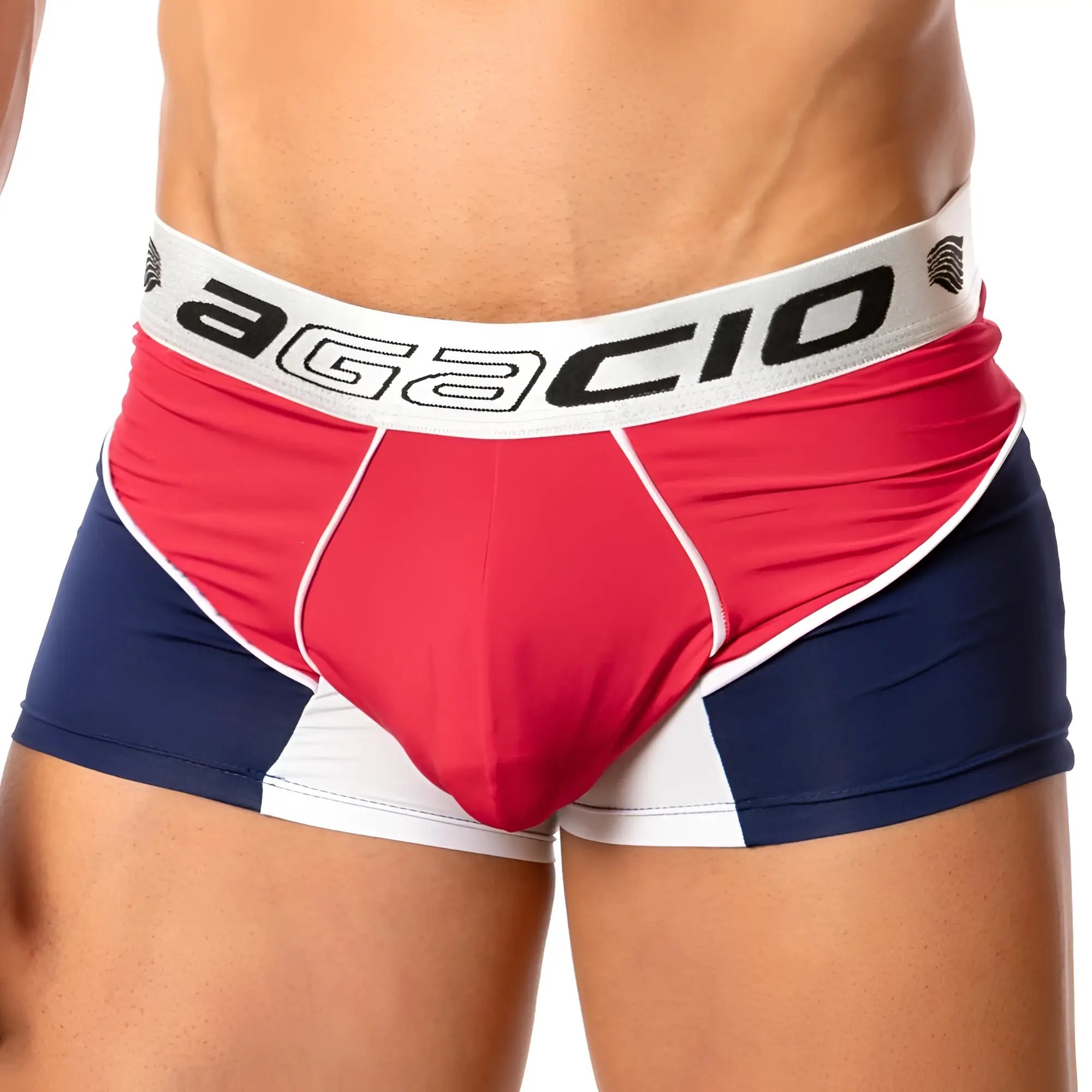 Agacio AGG042 boxer trunk men’s briefs with a bold red navy blue and white color-block design