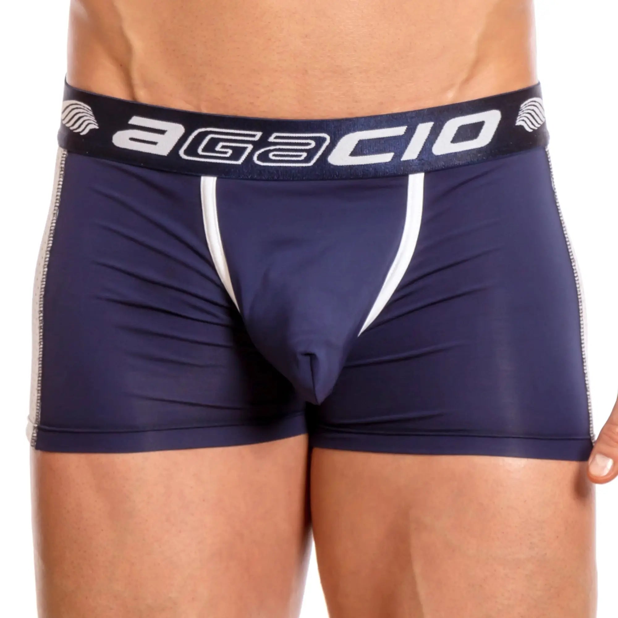 Navy blue agacio agg044 mesh panel men’s boxer briefs with white trim and side panels showing front view