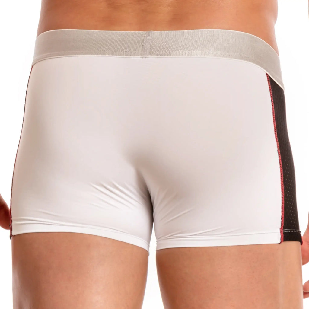White agacio agg044 mesh panel boxer briefs with gray waistband black side panels and red stitching