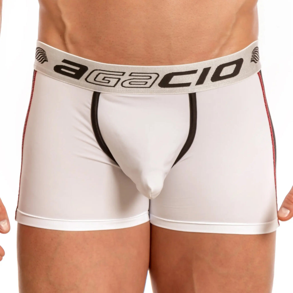 White agacio men’s mesh panel boxer briefs with black trim and red side stripes for comfortable support