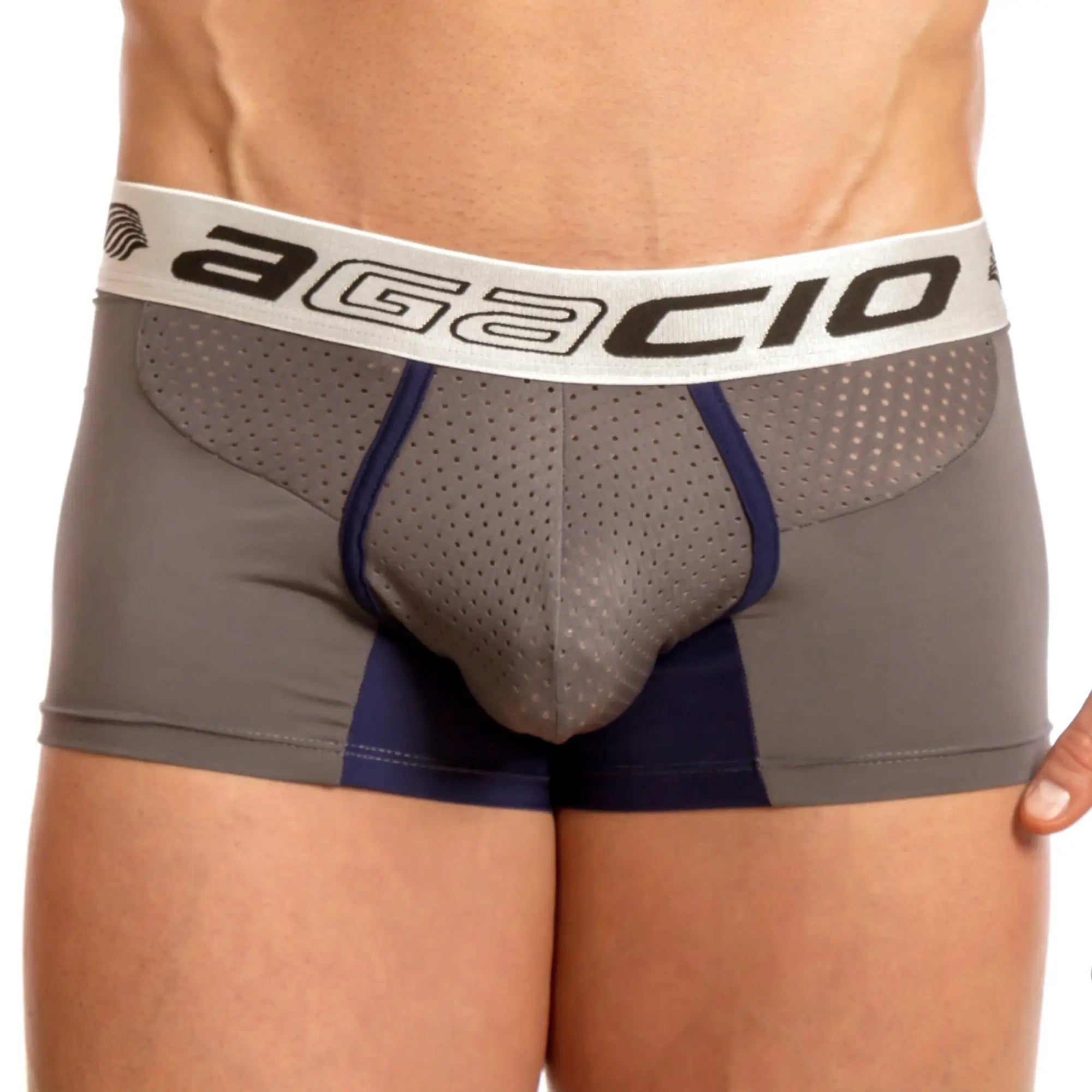 Agacio AGG045 ball breathe boxer men’s gray and navy blue boxer briefs with perforated mesh panel for breathability