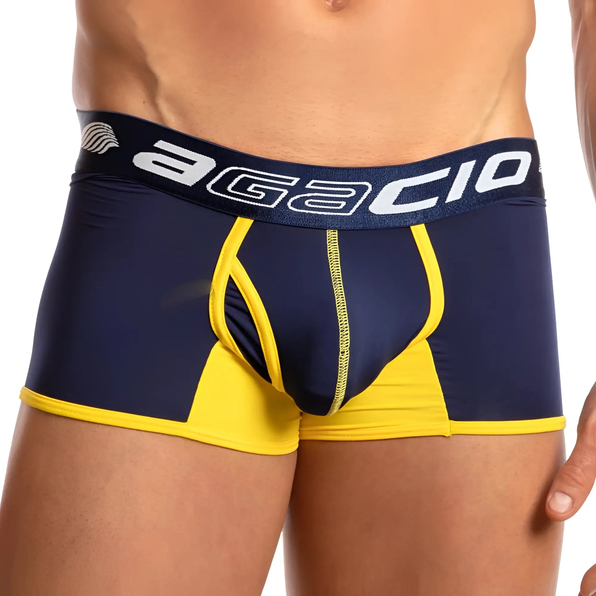 Navy blue and yellow agacio AGG047 men’s boxer trunk with contoured design and contrasting stitching
