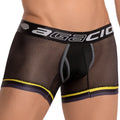 Black mesh agacio agg050 atlantis boxer trunk with gray and yellow trim and branded waistband for breathable comfort
