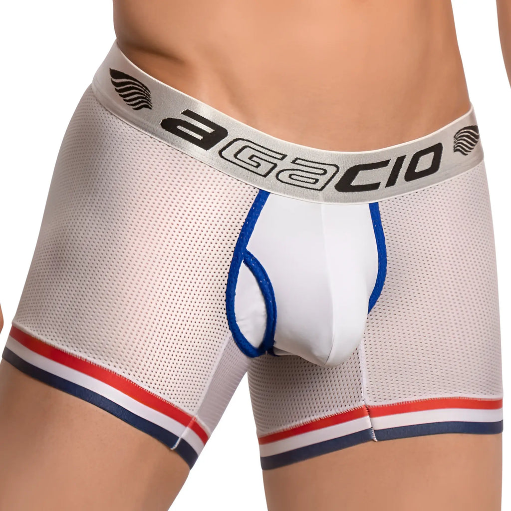 White agacio agg050 atlantis boxer trunk briefs with mesh fabric blue trim and red navy stripes at leg openings