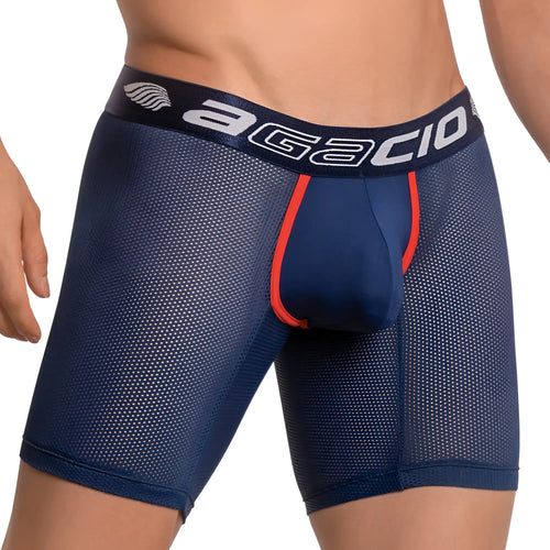 Navy blue mesh agacio AGG051 boxer trunk with orange trim and white logo waistband for breathable comfort