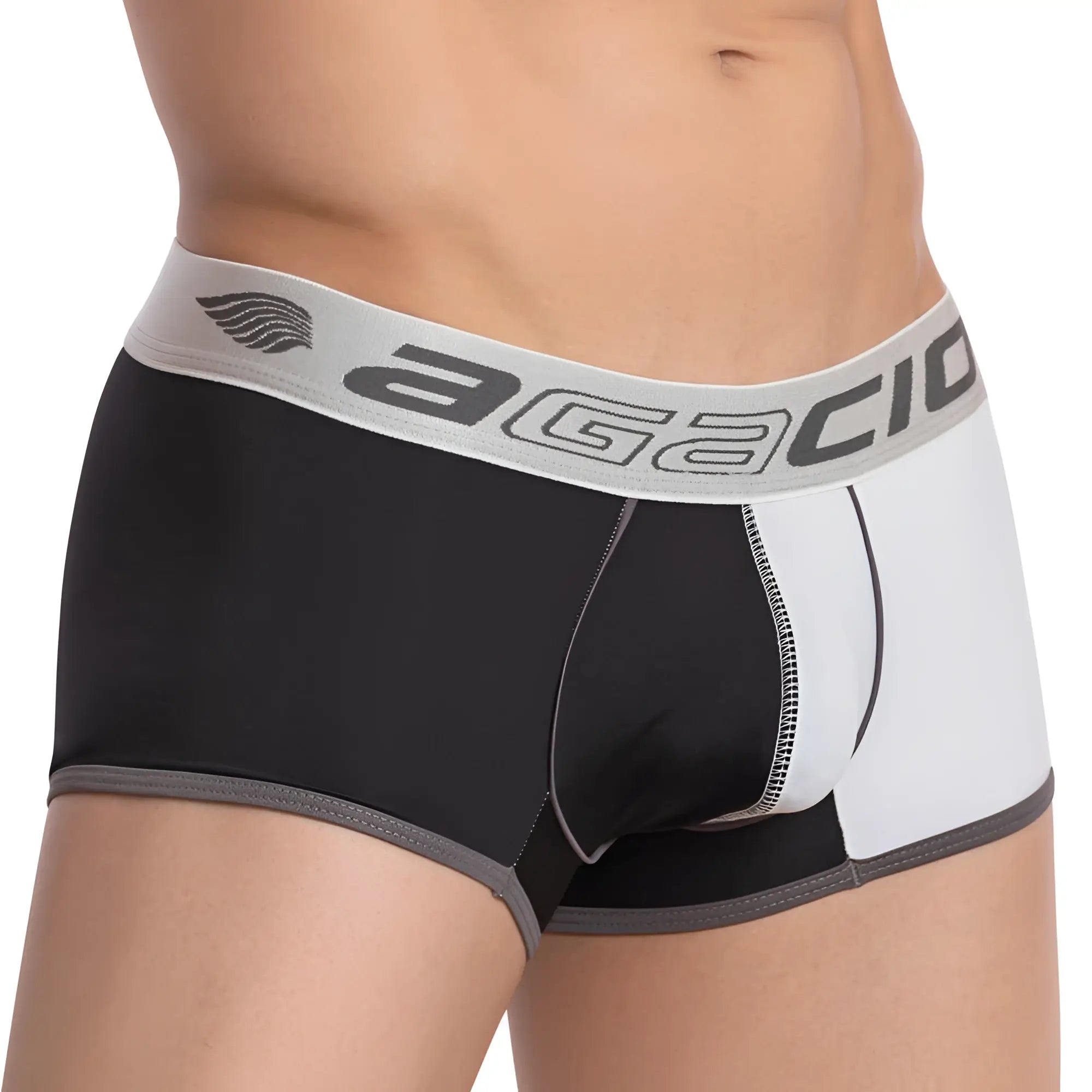 Agacio AGG052 boxer trunk black and white men’s briefs with gray trim and branded waistband in cotton blend