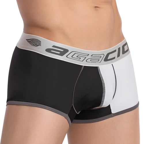 Agacio AGG052 boxer trunk black and white men’s briefs with gray trim and branded waistband in cotton blend