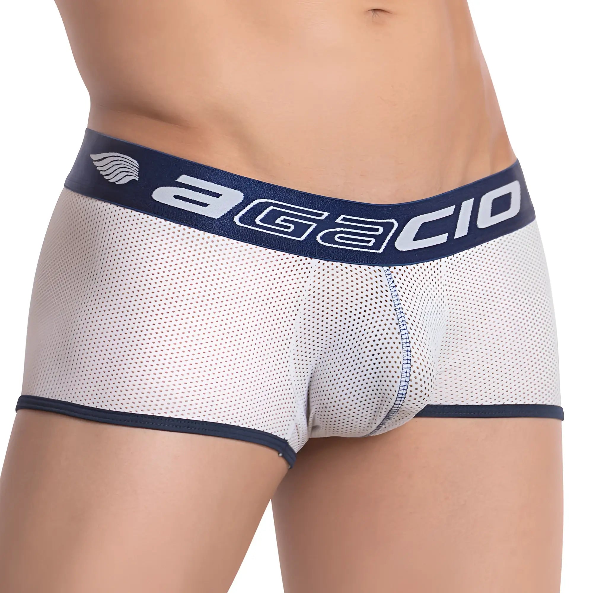 White mesh briefs with navy blue agacio logo waistband from agacio agg053 boxer trunk collection