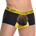 Black and yellow agacio agg054 boxer trunk with sheer mesh front panel made of breathable fabric for men