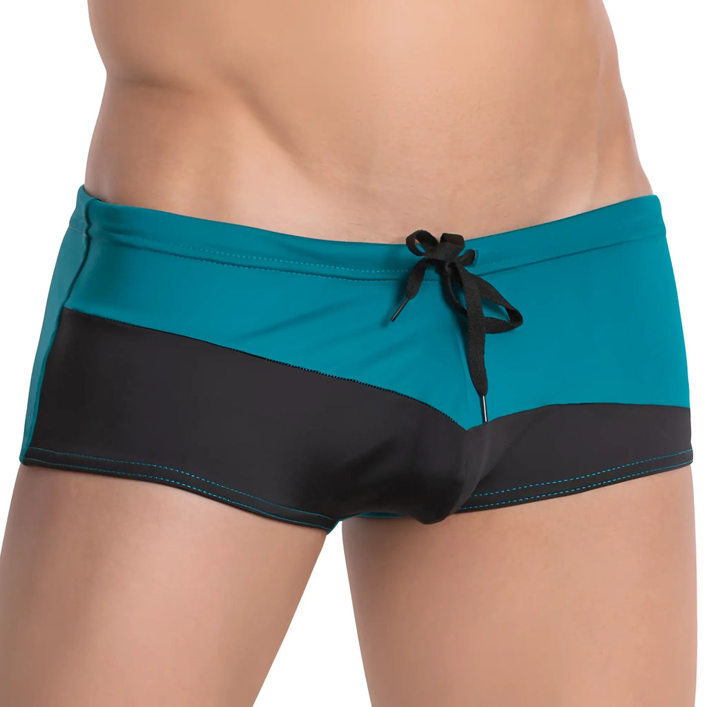 Teal and black two-tone Agacio AGG055 swimwear swim trunks with a drawstring waistband made for swimming