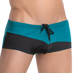 Teal and black two-tone Agacio AGG055 swimwear swim trunks with a drawstring waistband made for swimming