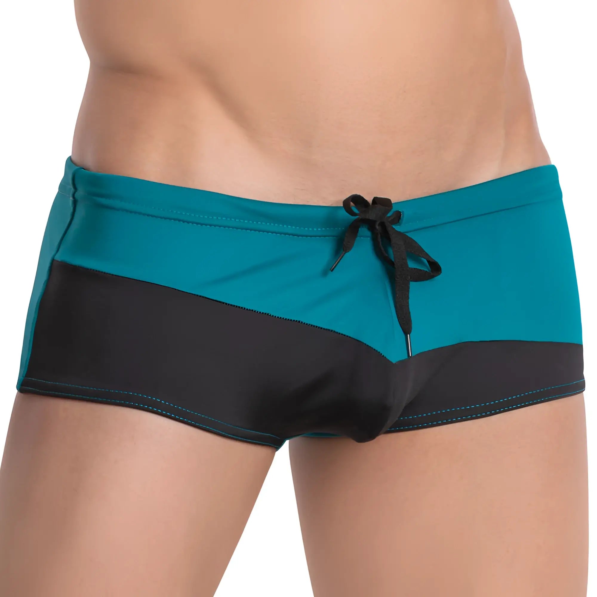 Teal and black two-tone Agacio AGG055 swimwear swim trunks with a drawstring waistband made for swimming