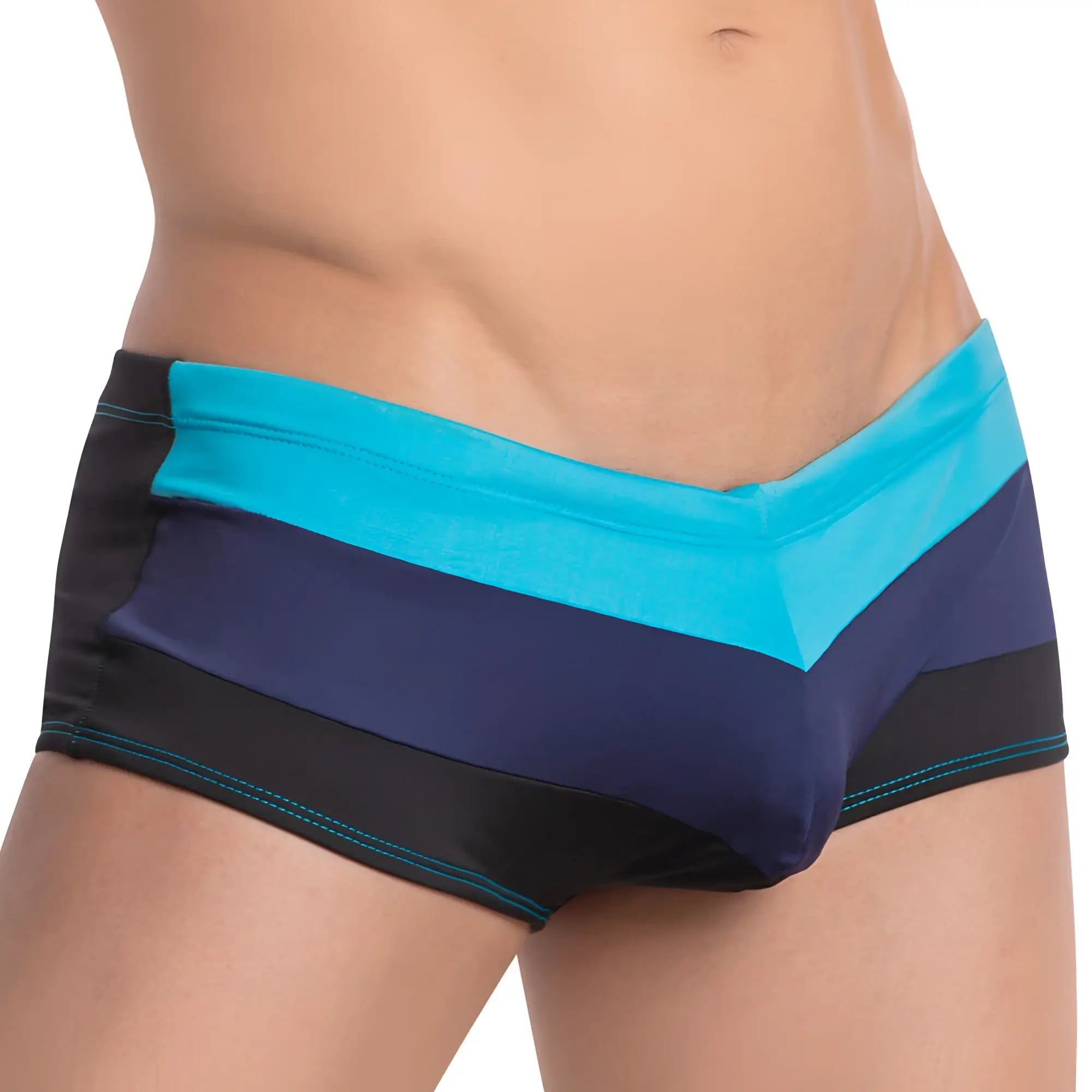 Agacio AGG056 the west cost swim trunk blue and black striped with teal trim for swimming and beachwear