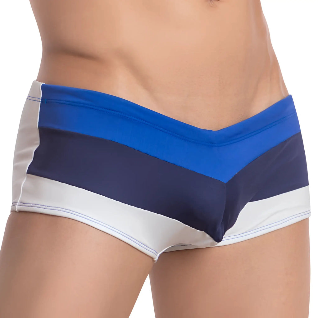 Agacio AGG056 the west cost swim trunk in blue navy and white striped design with v-shaped pattern for swimming