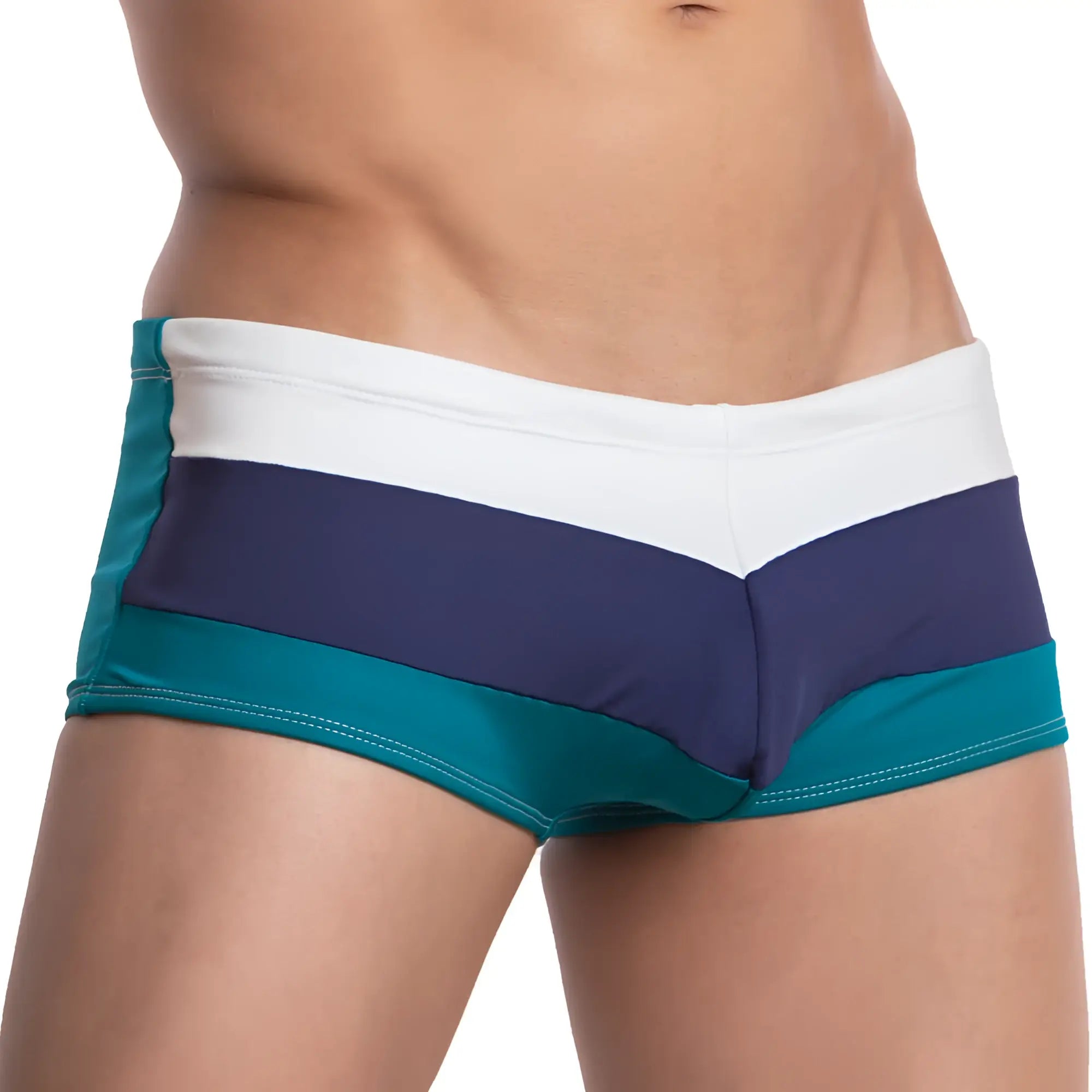 Agacio agg056 the west cost swim trunk navy and teal striped swim trunks with white waistband for beachwear