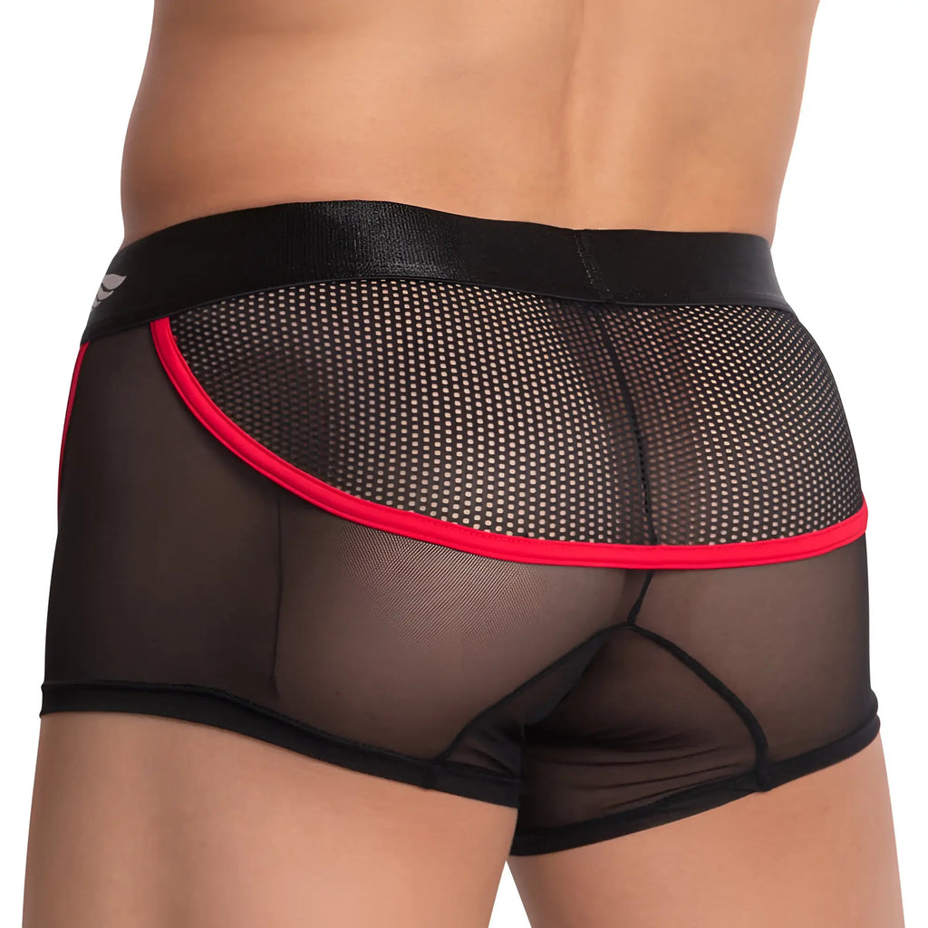 Agacio AGG057 boxer trunk featuring black mesh briefs with bold red trim and sleek black waistband front view