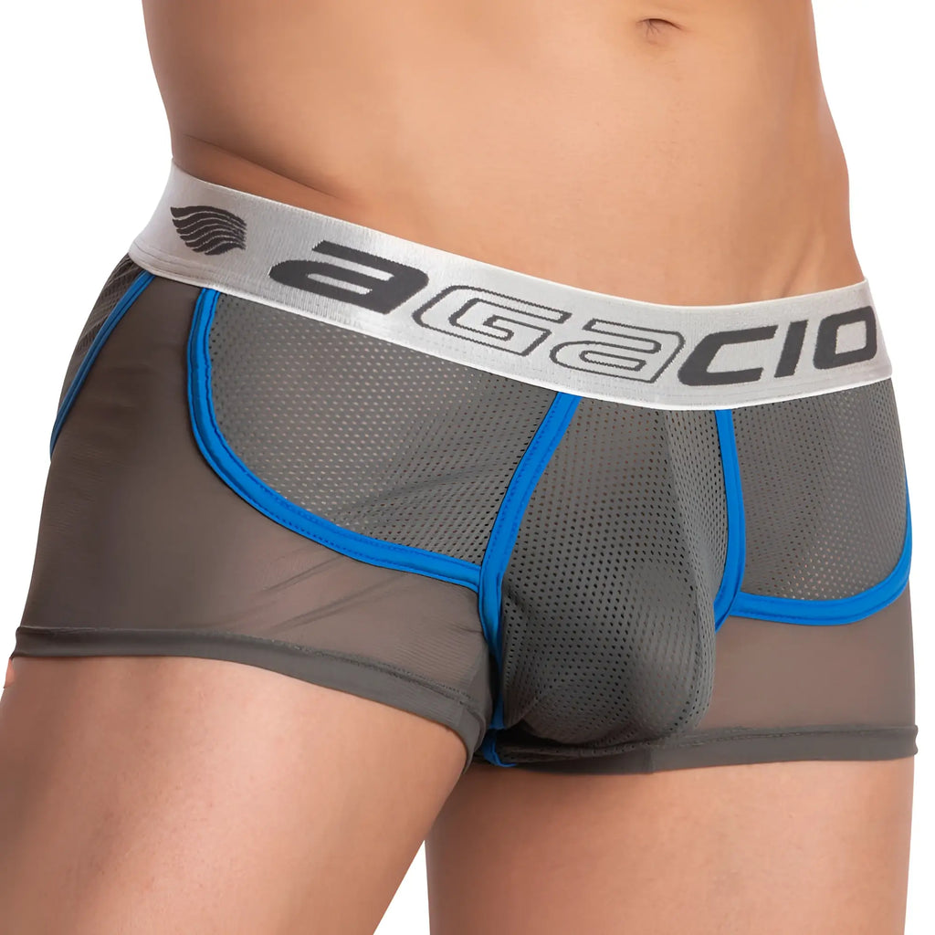 Gray mesh briefs with blue trim and white waistband featuring agacio brand name in agacio AGG057 boxer trunk style