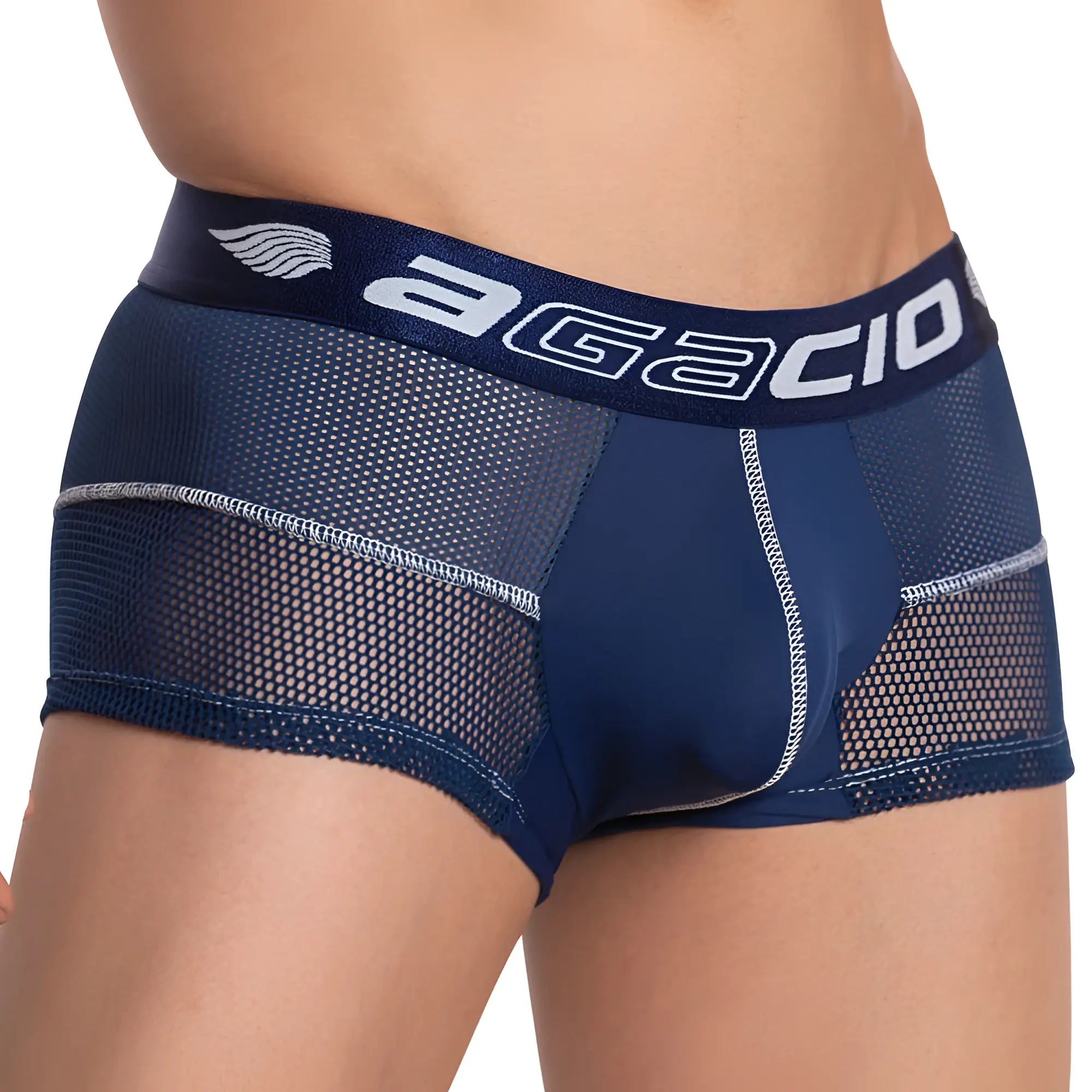 Navy blue mesh briefs with white agacio logo on waistband in agacio AGG058 boxer trunk for breathable comfort
