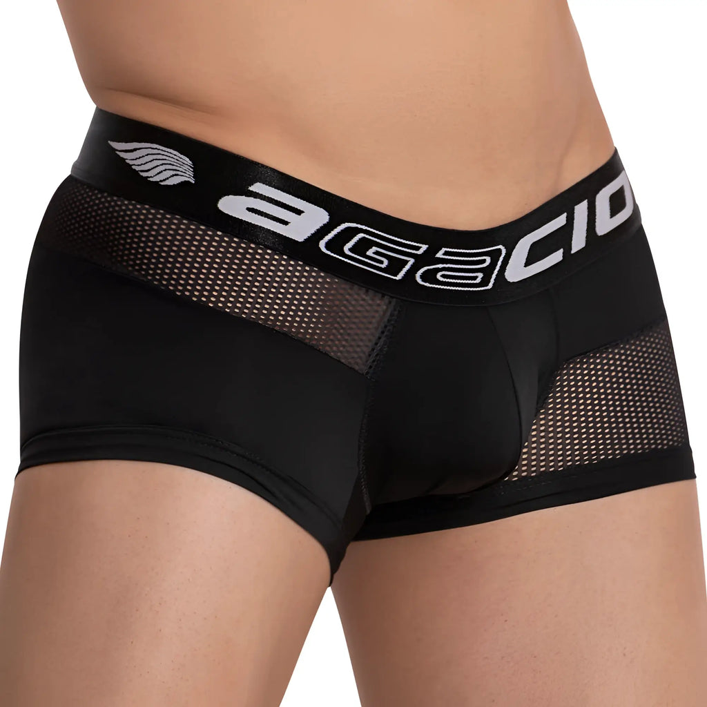 Black agacio agg059 boxer trunk men’s briefs with mesh panels and white logo on waistband front view