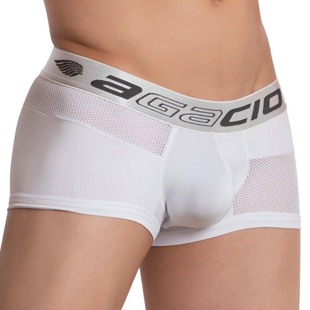 White agacio AGG059 boxer trunk briefs with mesh panels and gray waistband featuring the brand logo