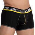 Black agacio AGG060 men’s boxer briefs with bold yellow and gray trim featuring the brand logo on the waistband