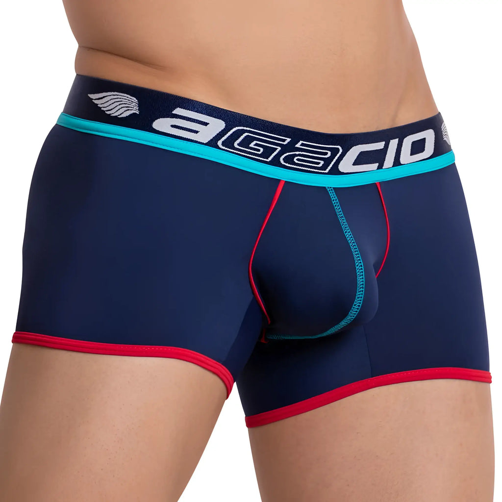 Navy blue agacio AGG060 men’s boxer briefs with red and teal trim and branded waistband for comfortable wear