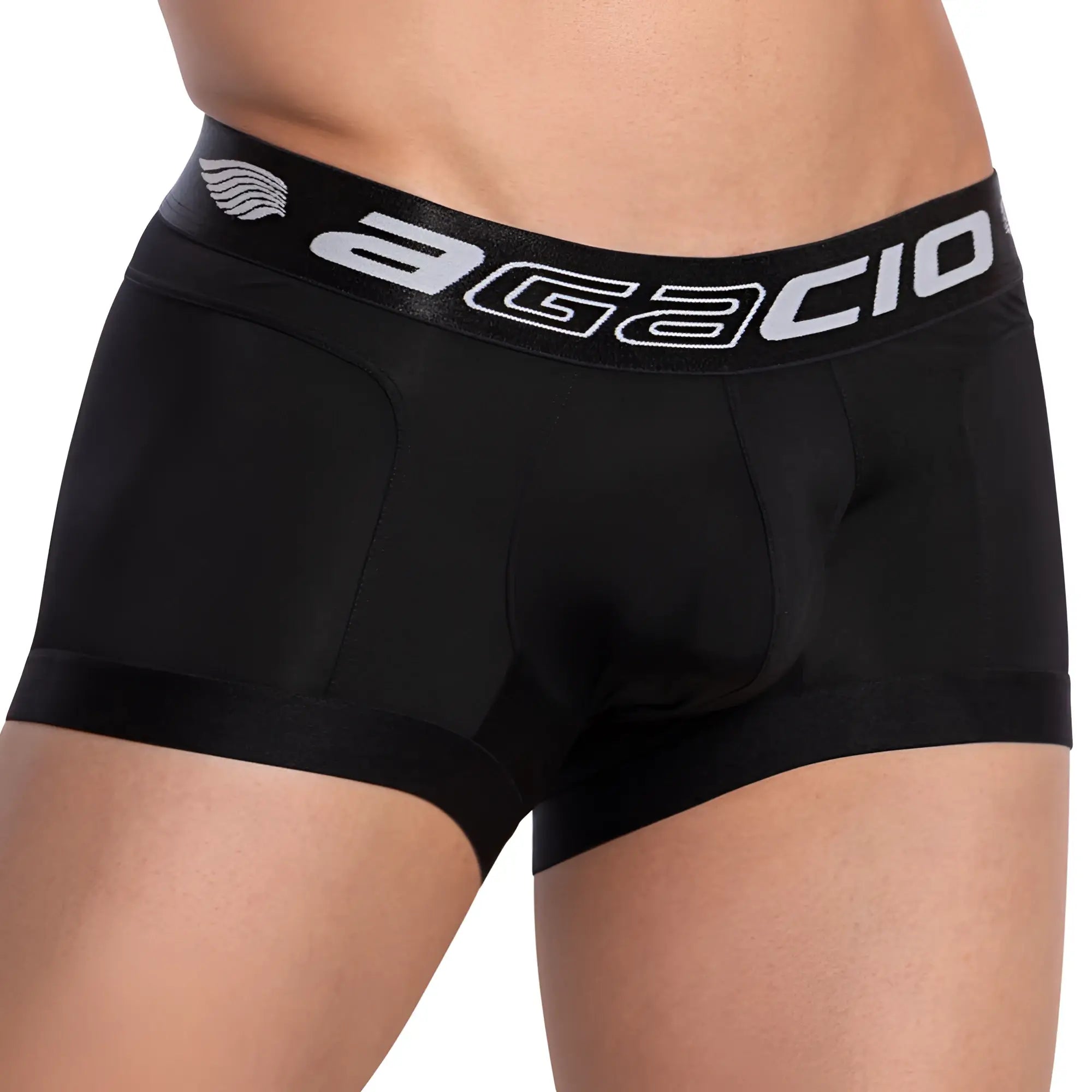 Black agacio agg061 armor boxer trunk with white logo and wing emblem on waistband in men’s underwear design