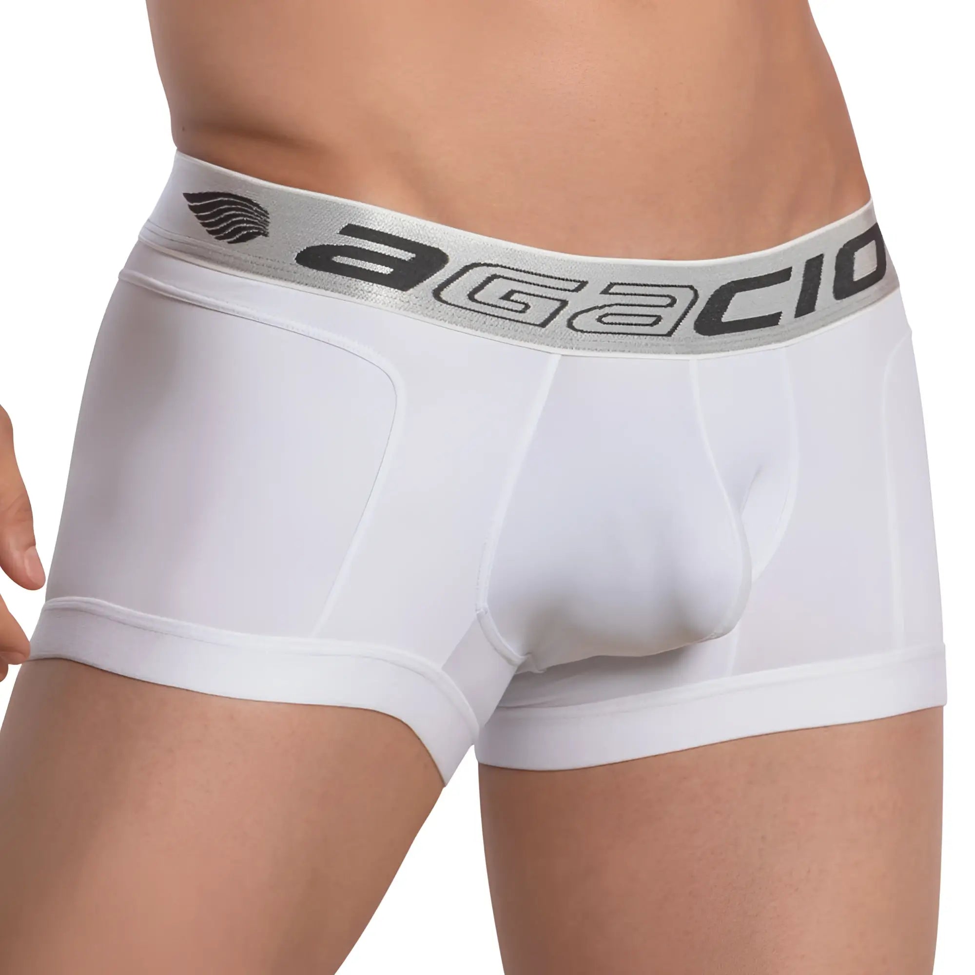 White agacio ag061 armor men’s boxer briefs with gray elastic waistband featuring brand logo