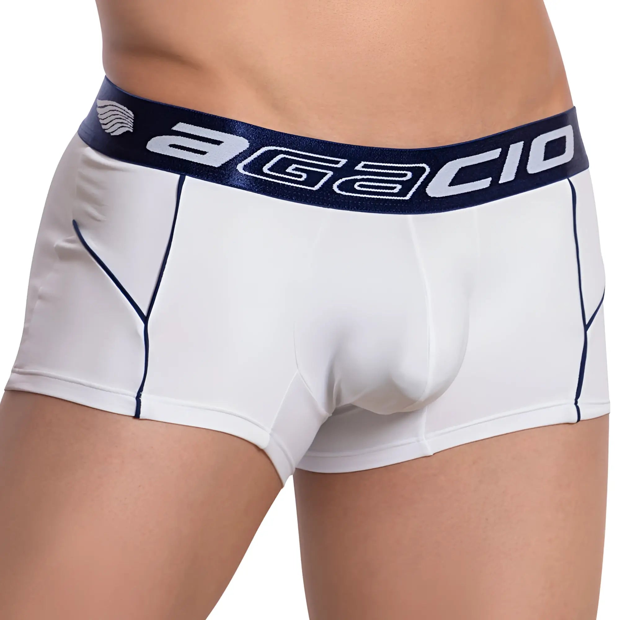 White agacio AGG062 pouch boxer trunk with navy blue elastic waistband and matching stitching for comfortable support