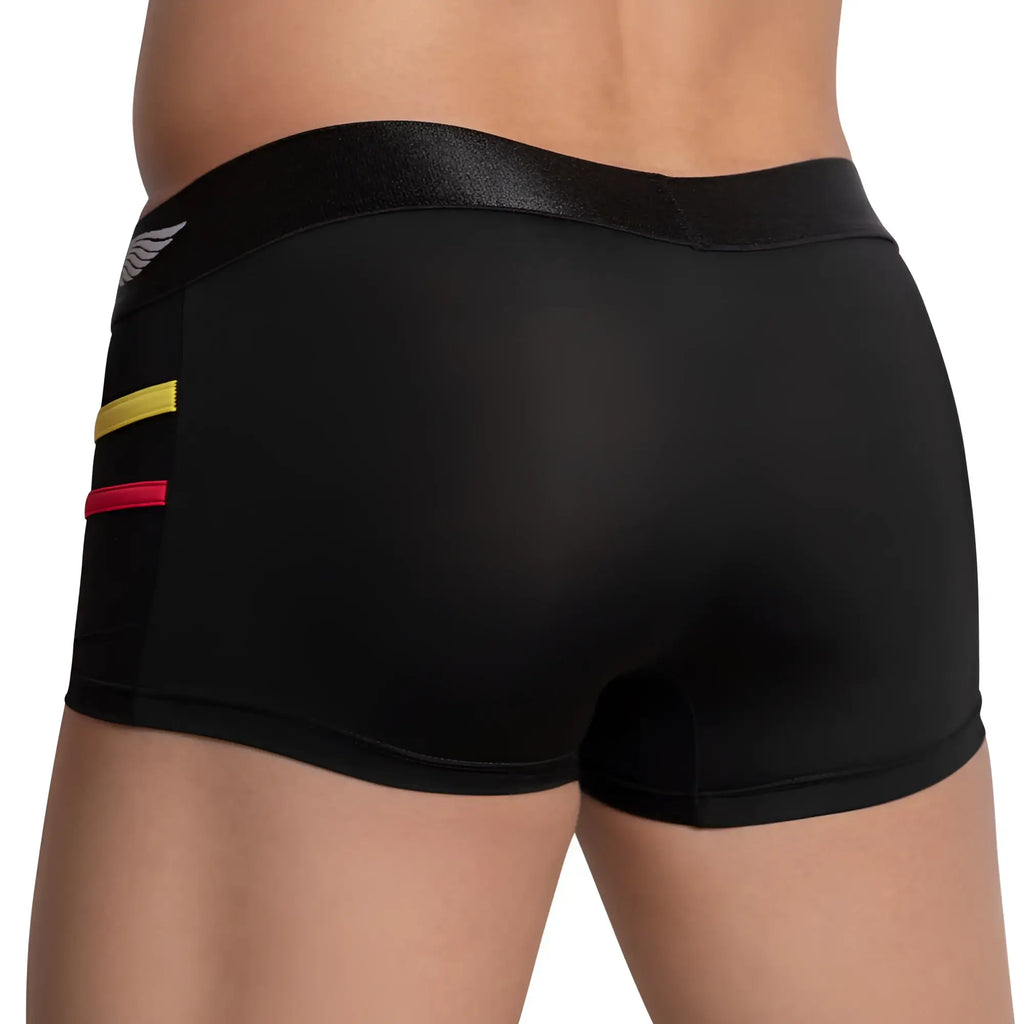 Black men’s Agacio AGG064 boxer trunk with shiny waistband, yellow and red side stripes, and small white wing logo