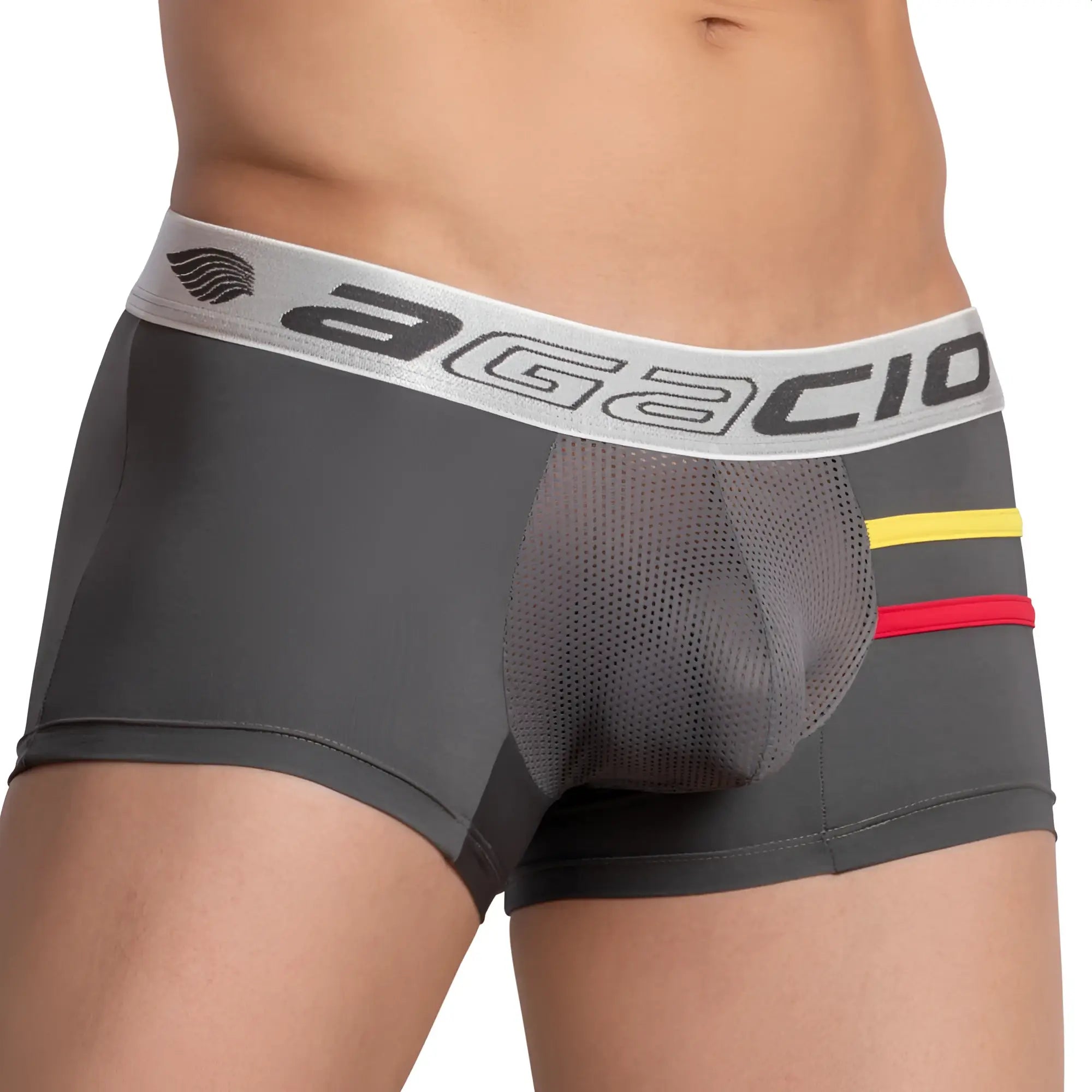 Gray agacio agg064 men’s boxer trunk with mesh panel and yellow red accent stripes for comfortable support
