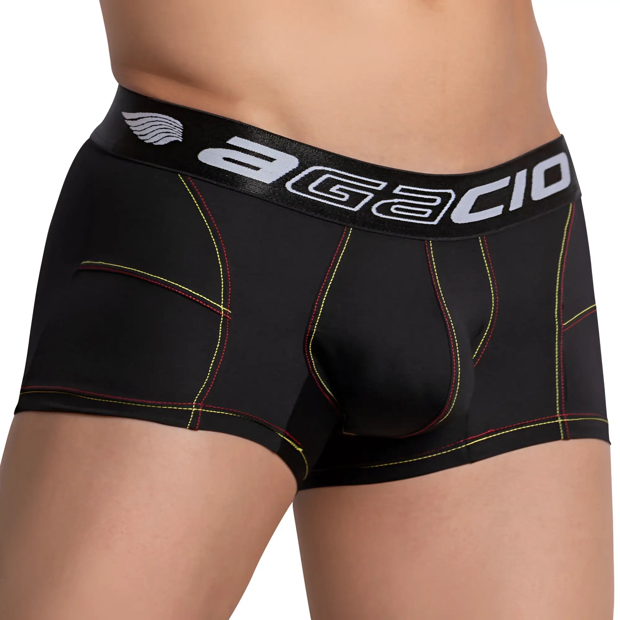 Black agacio agg065 bulgy box boxer trunk with sleek elastic waistband white branding and red yellow seam stitching