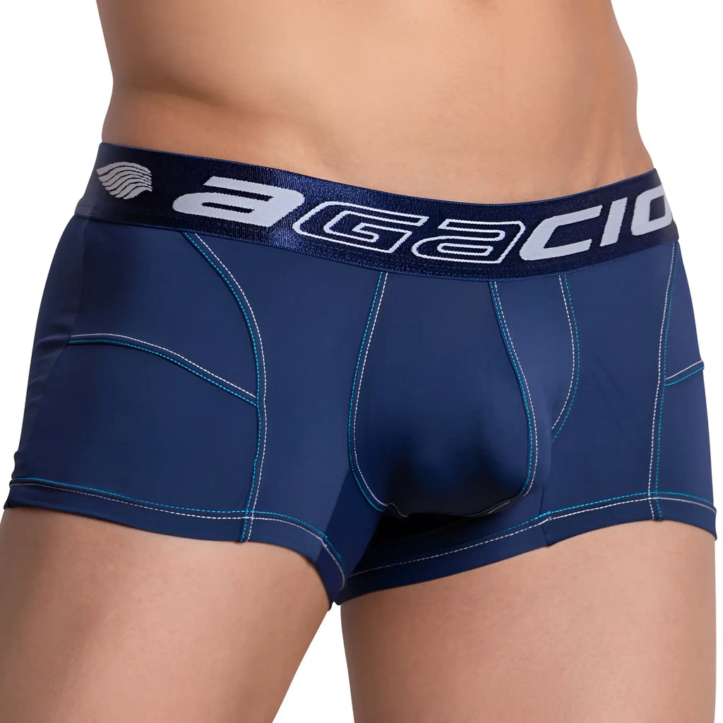 Navy blue agacio AGG065 bulgy box boxer trunk with white and teal stitching for men’s comfortable support