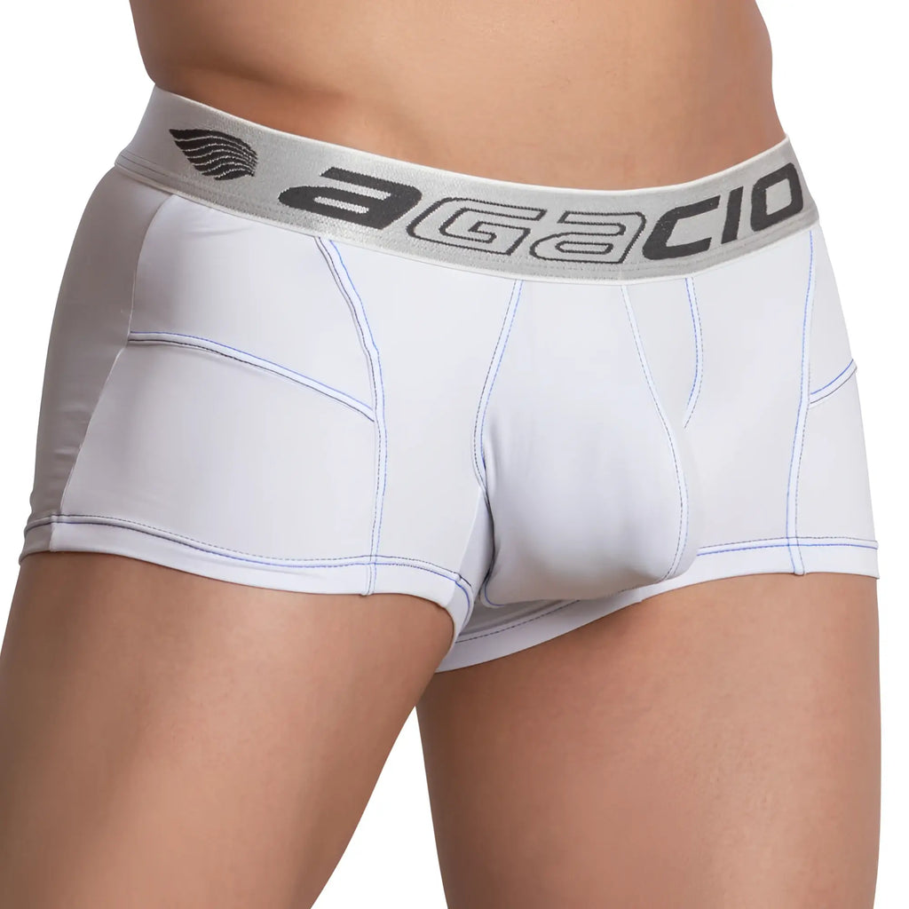 White agacio men’s bulgy box boxer trunk briefs with gray logo waistband and subtle blue stitching