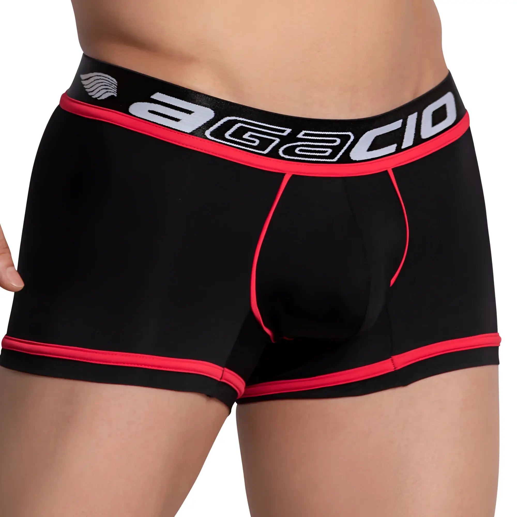 Black agacio agg066 boxer trunk briefs with red trim and white logo detailing for comfortable everyday wear