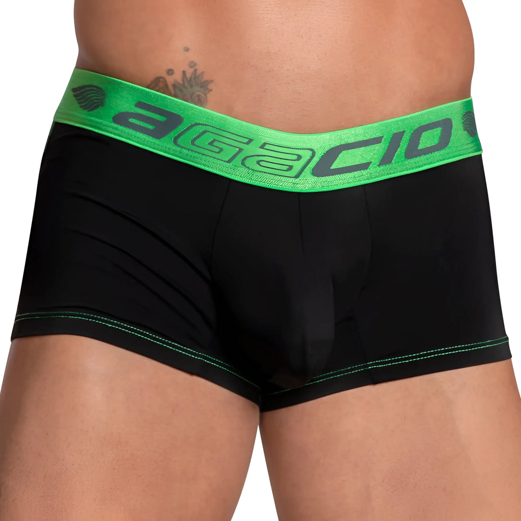 Black agacio AGG068 neon waistband boxer trunk with vibrant green waistband and matching green leg stitching