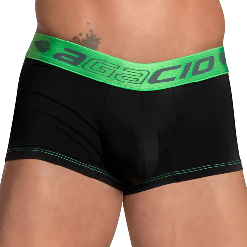 Black agacio AGG068 neon waistband boxer trunk with vibrant green waistband and matching green leg stitching