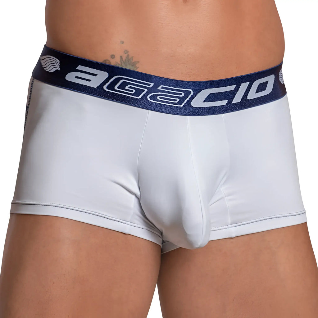 White agacio men’s briefs with navy blue elastic waistband featuring agacio branding in white lettering