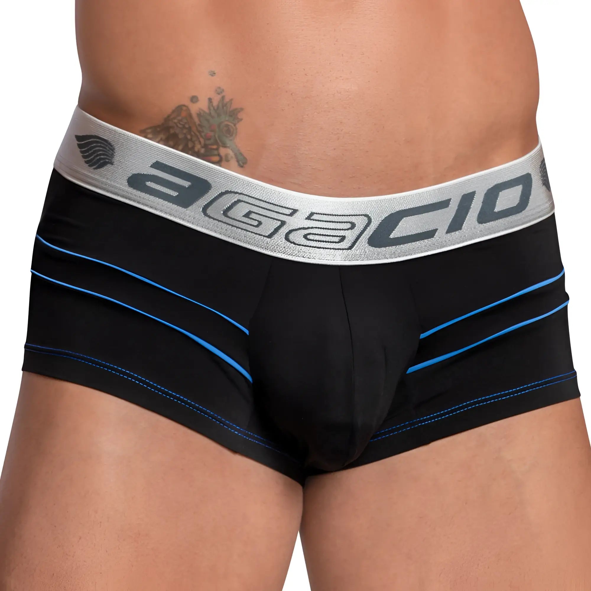 Black agacio agg069 bulge pouch boxer trunk briefs with blue stitching and gray waistband featuring brand logo