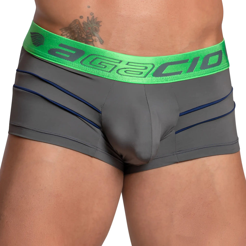 Gray agacio agg069 bulge pouch boxer trunk with bright green waistband, dark gray brand name, and navy blue side stitching