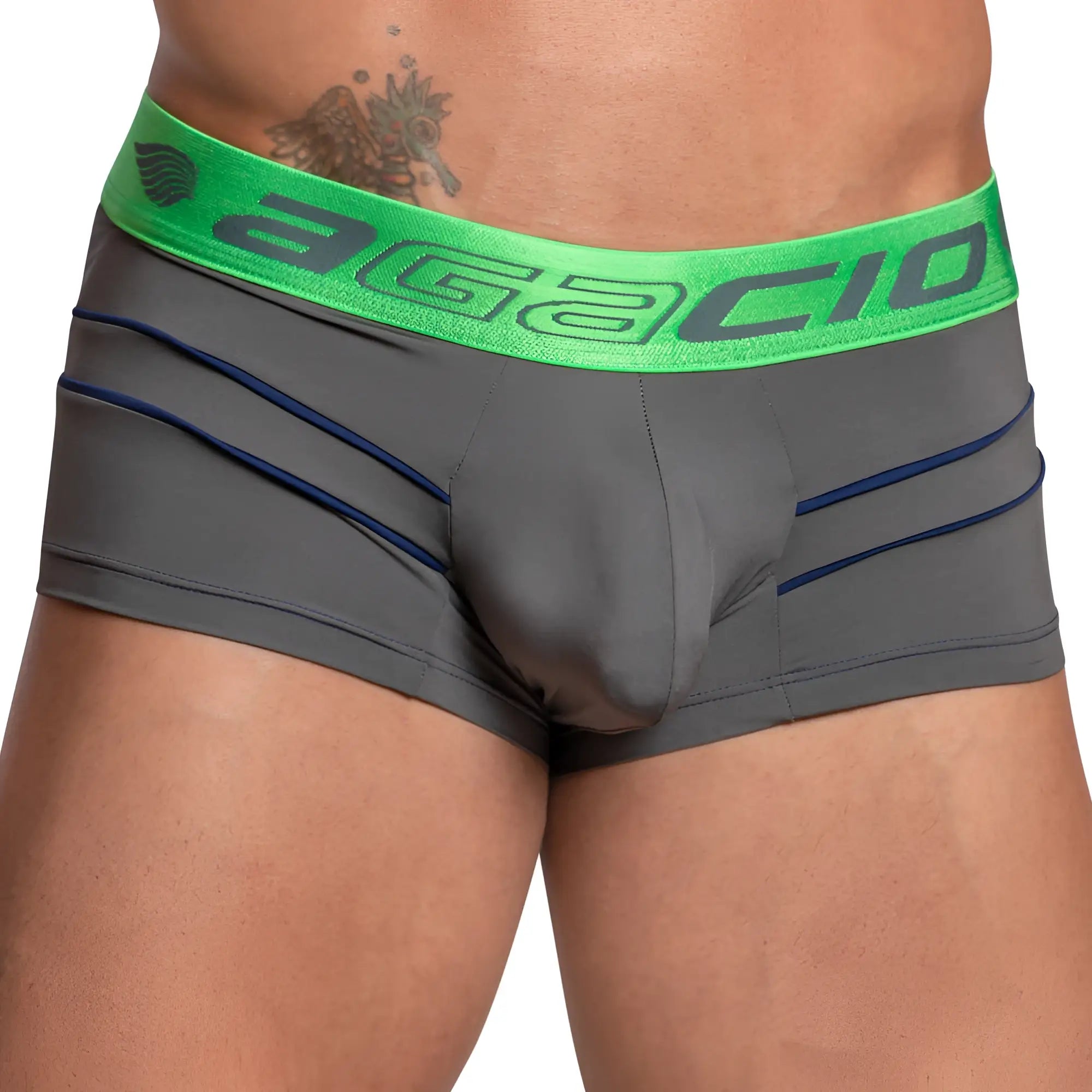Gray agacio agg069 bulge pouch boxer trunk with bright green waistband, dark gray brand name, and navy blue side stitching