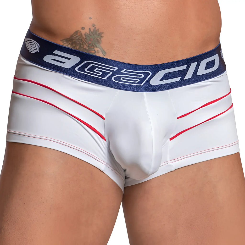 White agacio men’s briefs with red stitching and navy blue waistband featuring brand logo agacio agg069 bulge pouch boxer trunk