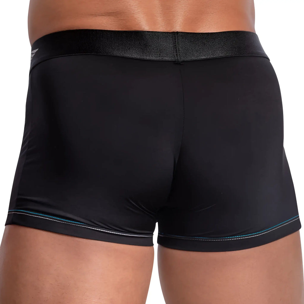Black athletic boxer trunk briefs with textured waistband and subtle teal stitching agacio AGG070 design