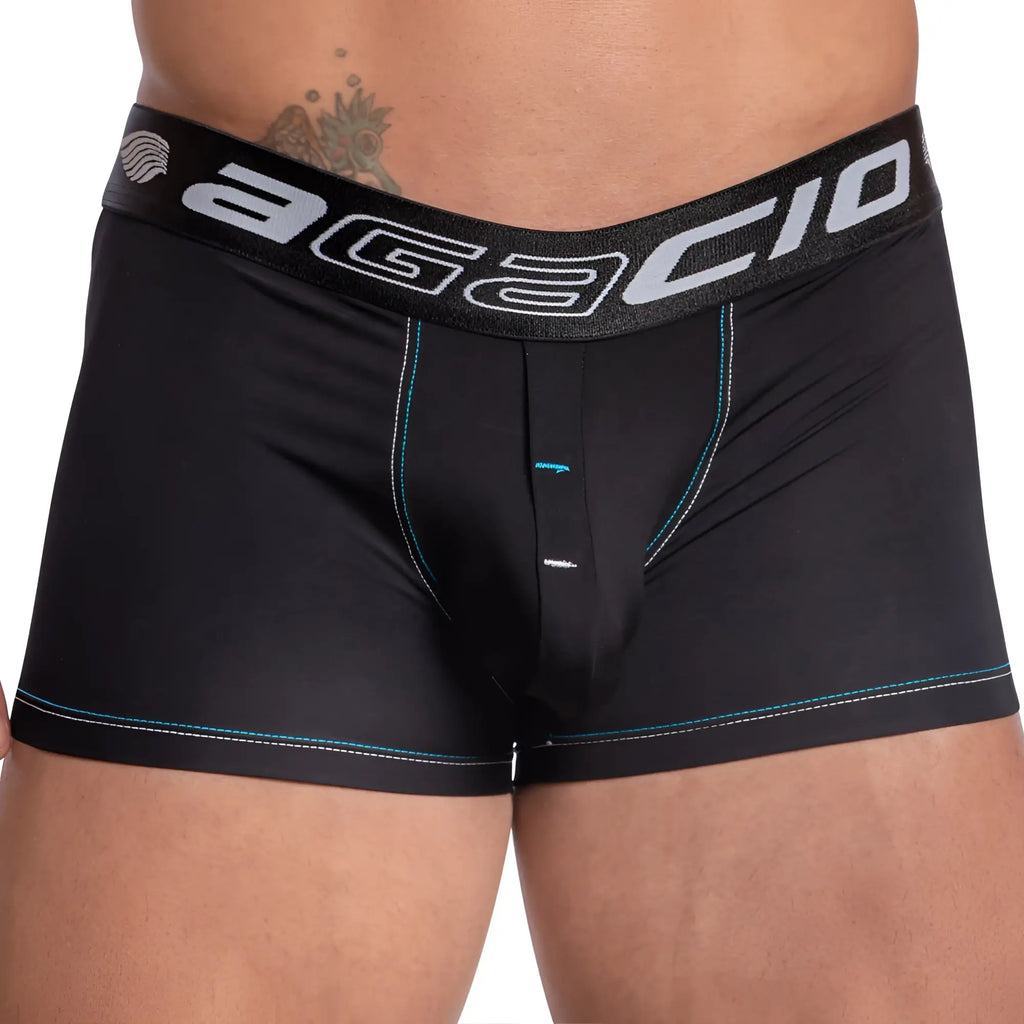 Black agacio AGG070 boxer trunk briefs with gray elastic waistband and teal stitching along the seams