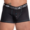Black agacio AGG070 boxer trunk briefs with gray elastic waistband and teal stitching along the seams